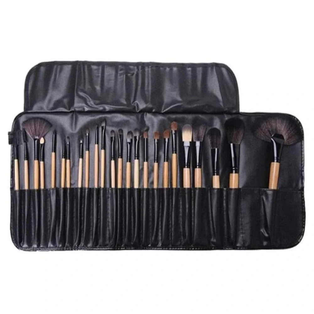 24 Piece Professional Makeup Brush Set with Wooden Handles and Travel Case Black